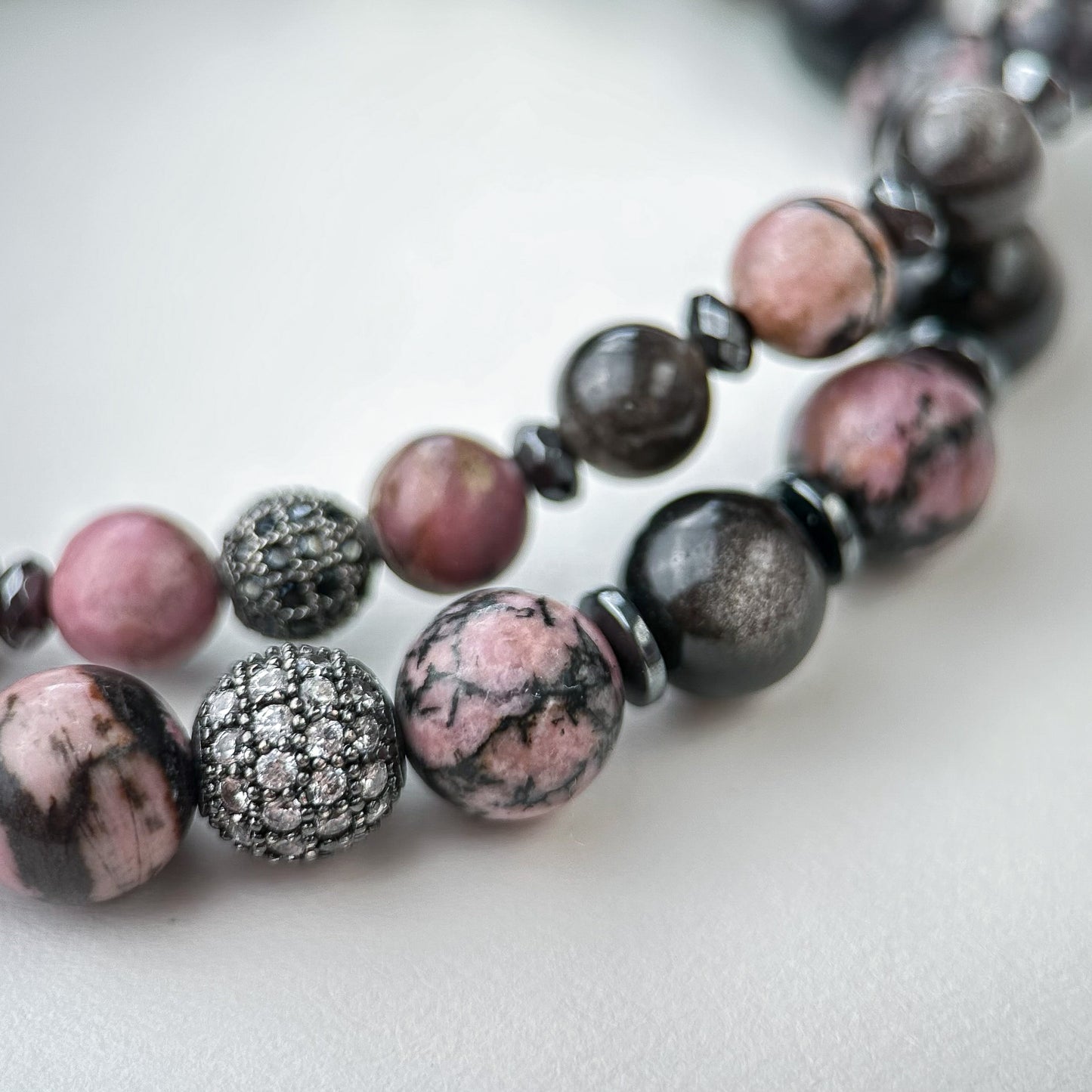 Rhodonite bracelet & Silver obsidian.