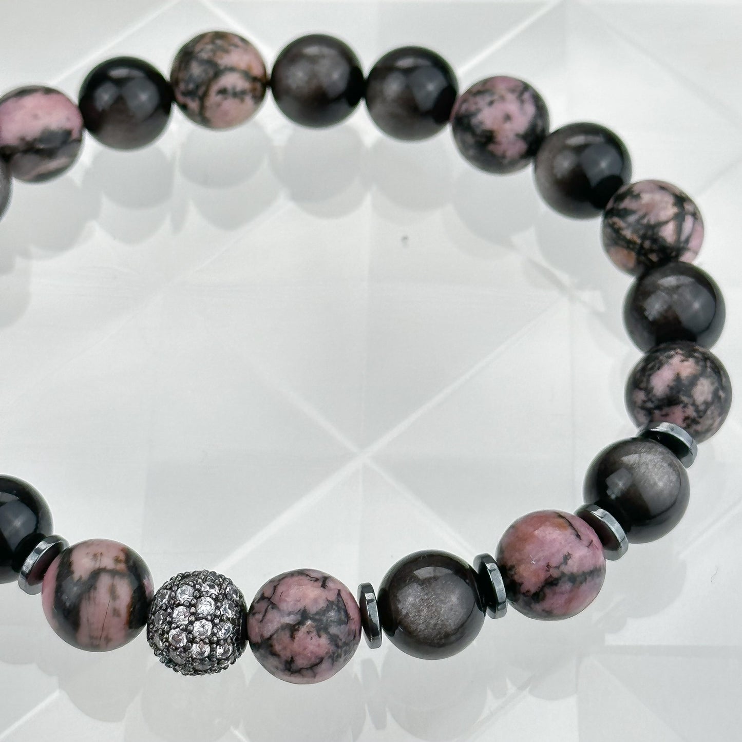 Rhodonite bracelet & Silver obsidian.